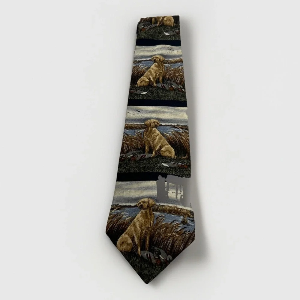 Vtg 1998 Katie D. Cundiff Yellow Lab With Mallard  Decoys 100% Silk Neck Tie USA